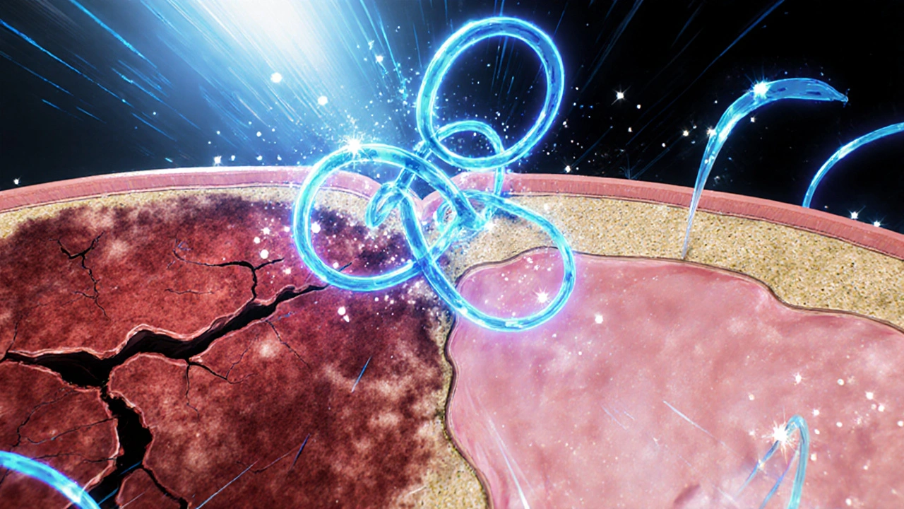 Animated view of pentosan polysulfate coating a damaged bladder, transforming it into a smooth protective layer.