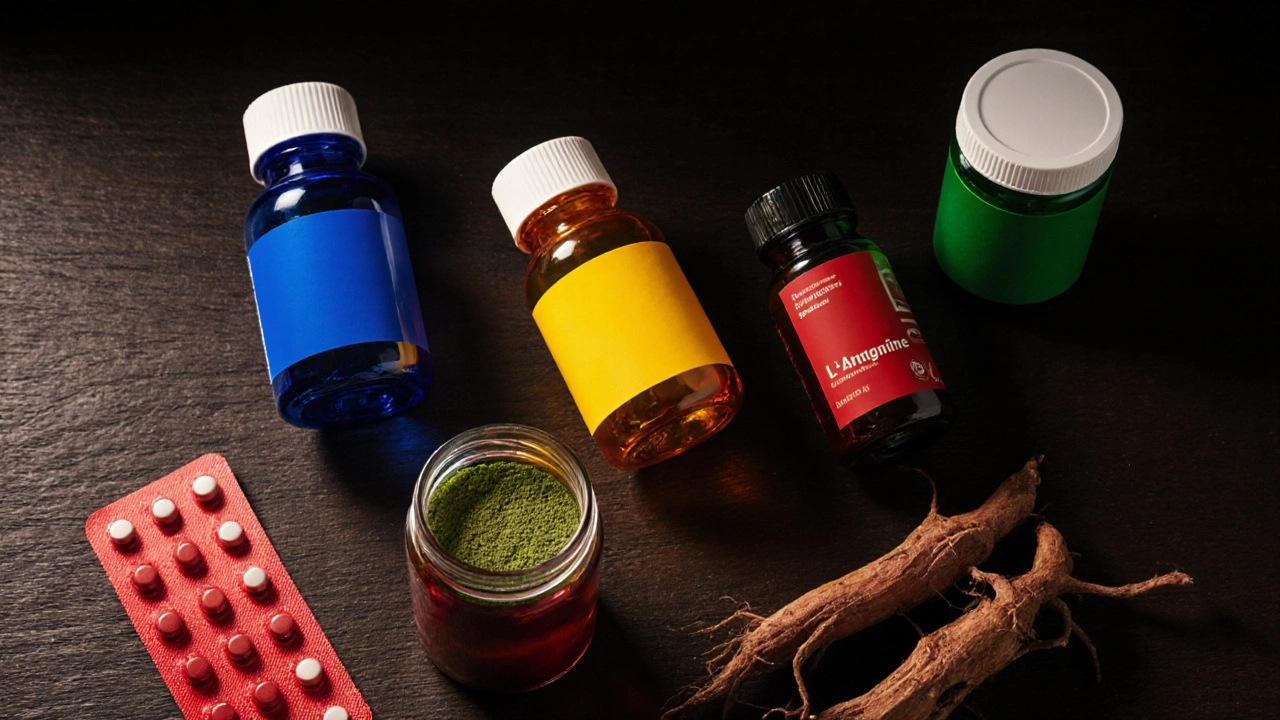 Assorted medication and supplement bottles arranged on a dark wood table.