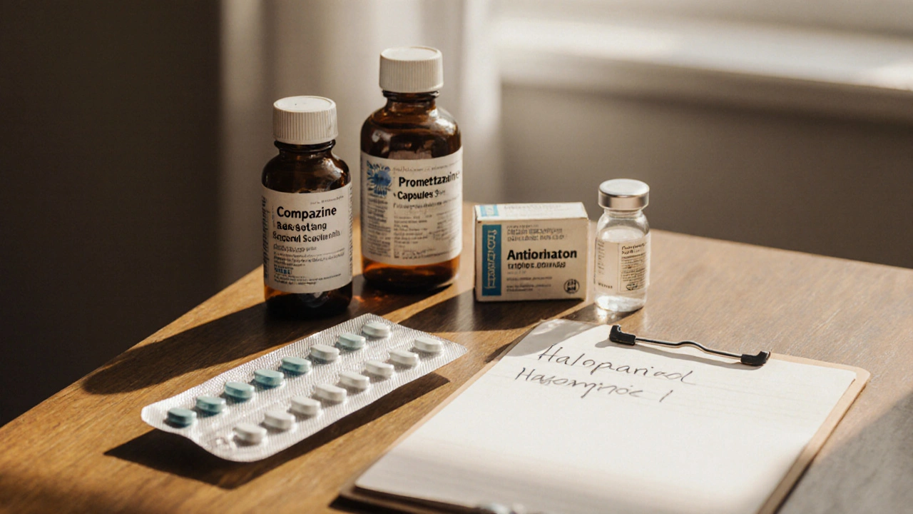 Assortment of anti‑nausea meds on a wooden table with soft morning light.