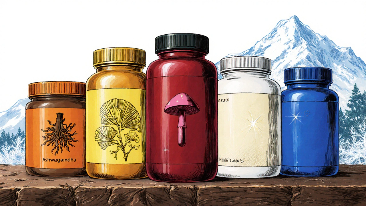 Assortment of herbal supplement jars representing Ashwagandha, Ginkgo, Rhodiola, Lion's Mane, and Vitamin B12 on a table.