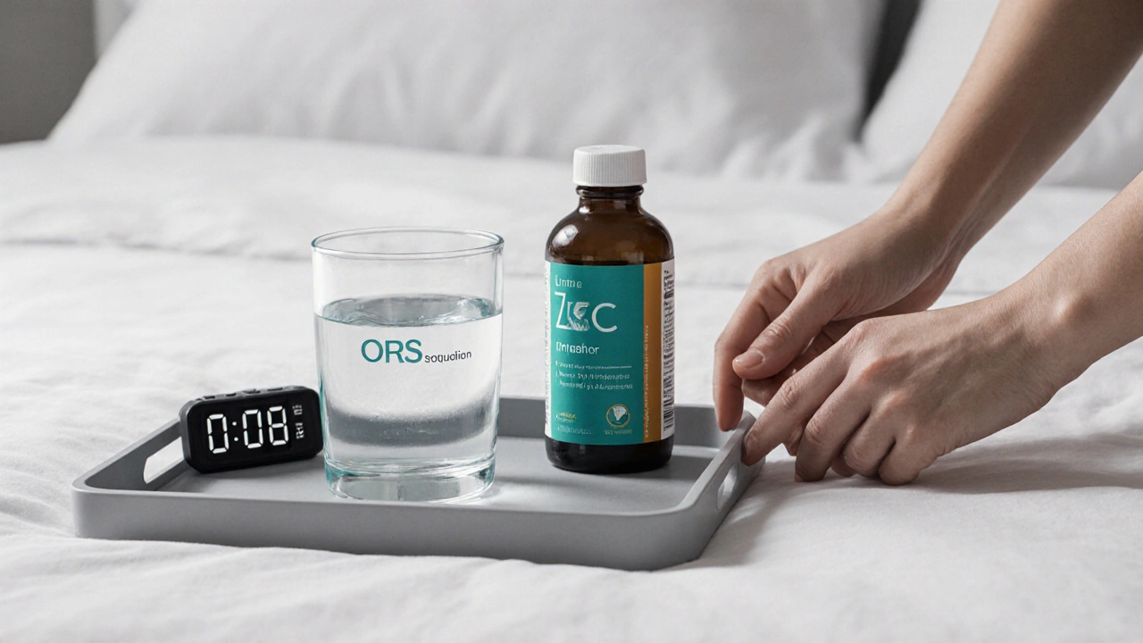 Bedside tray with ORS drink, zinc supplement, and skin turgor test.