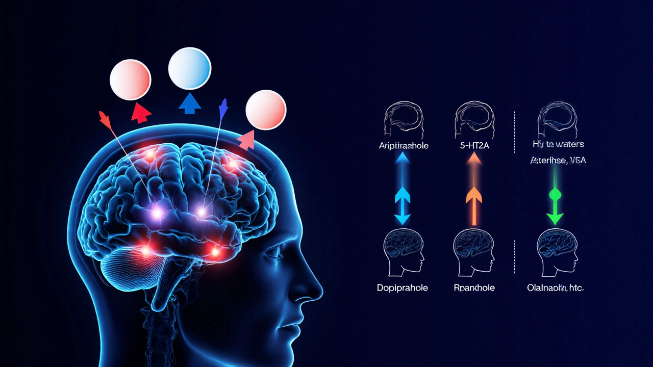 Brain slice with highlighted dopamine and serotonin receptors and drug icons targeting them.