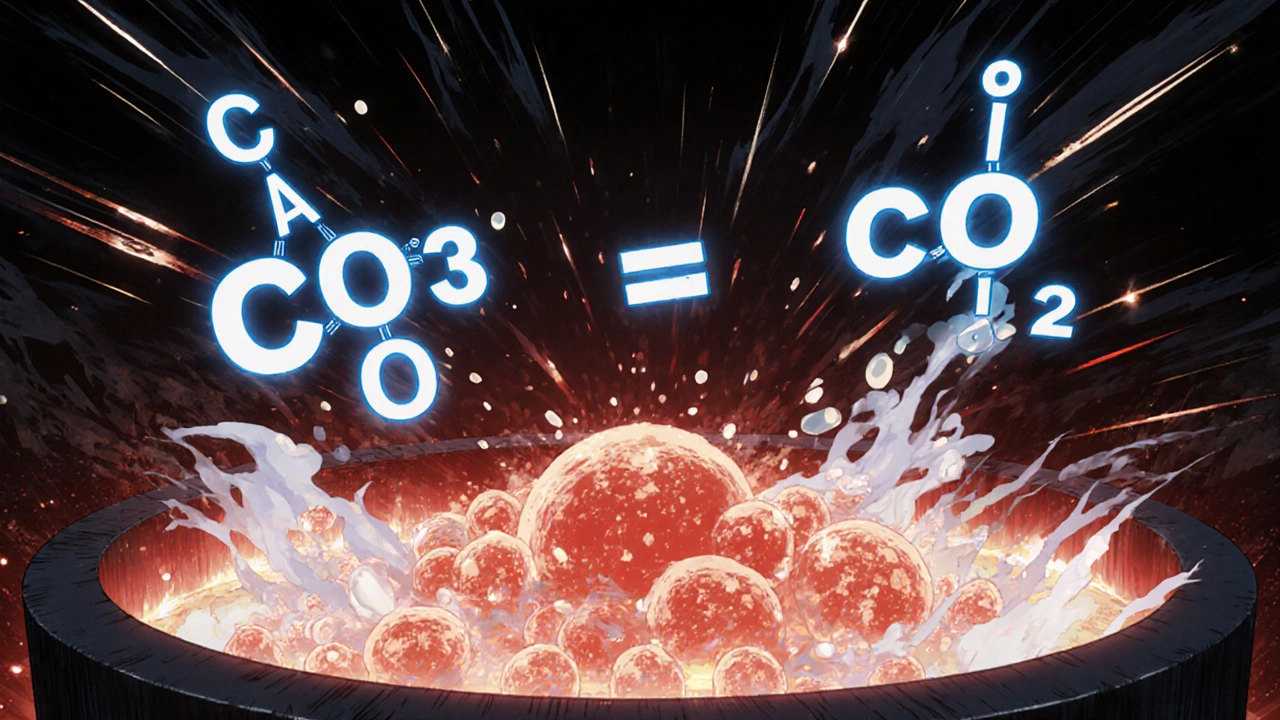 Chemical reaction inside a rotary kiln as limestone turns into clinker with glowing CO₂ particles.