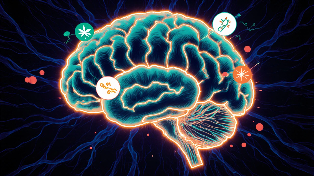 Cross‑section of brain with glowing pathways showing neurotransmitter activity.