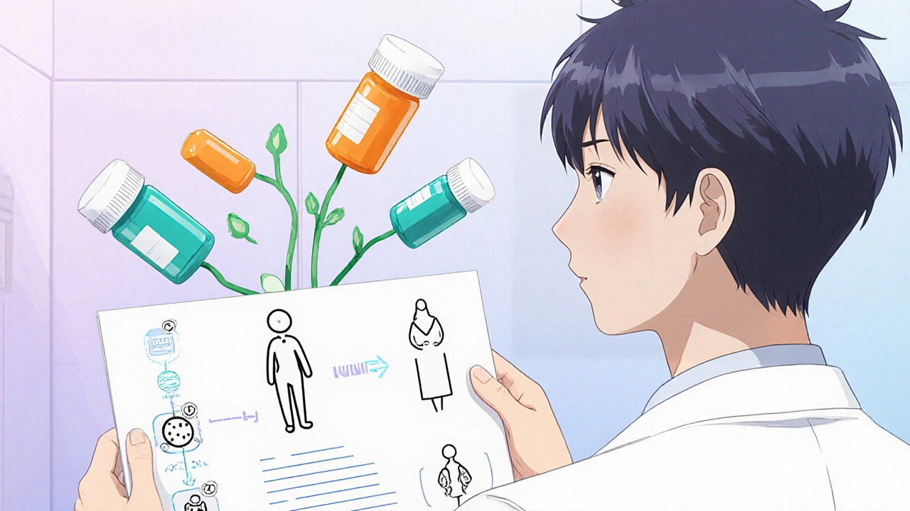 Doctor and patient discussing antibiotic choice with floating pill bottles and decision icons.