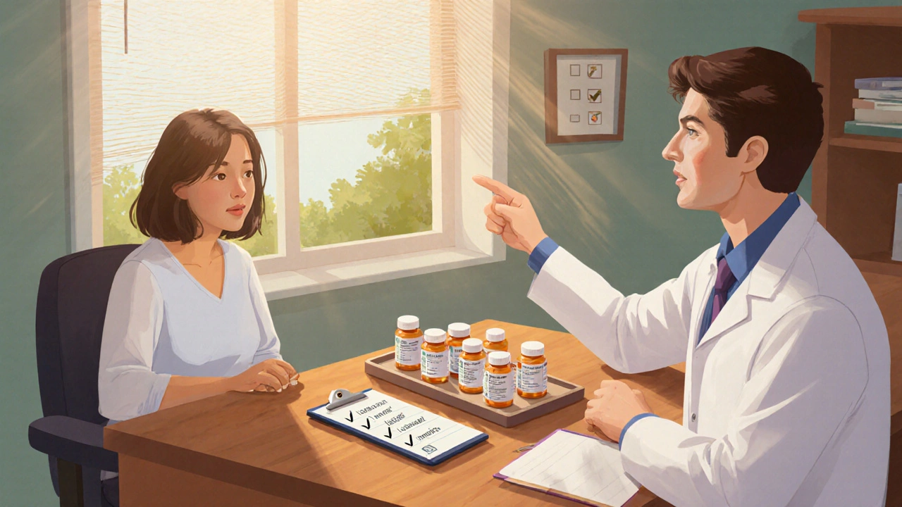 Doctor and patient discussing medication options with pill bottles displayed on a desk.