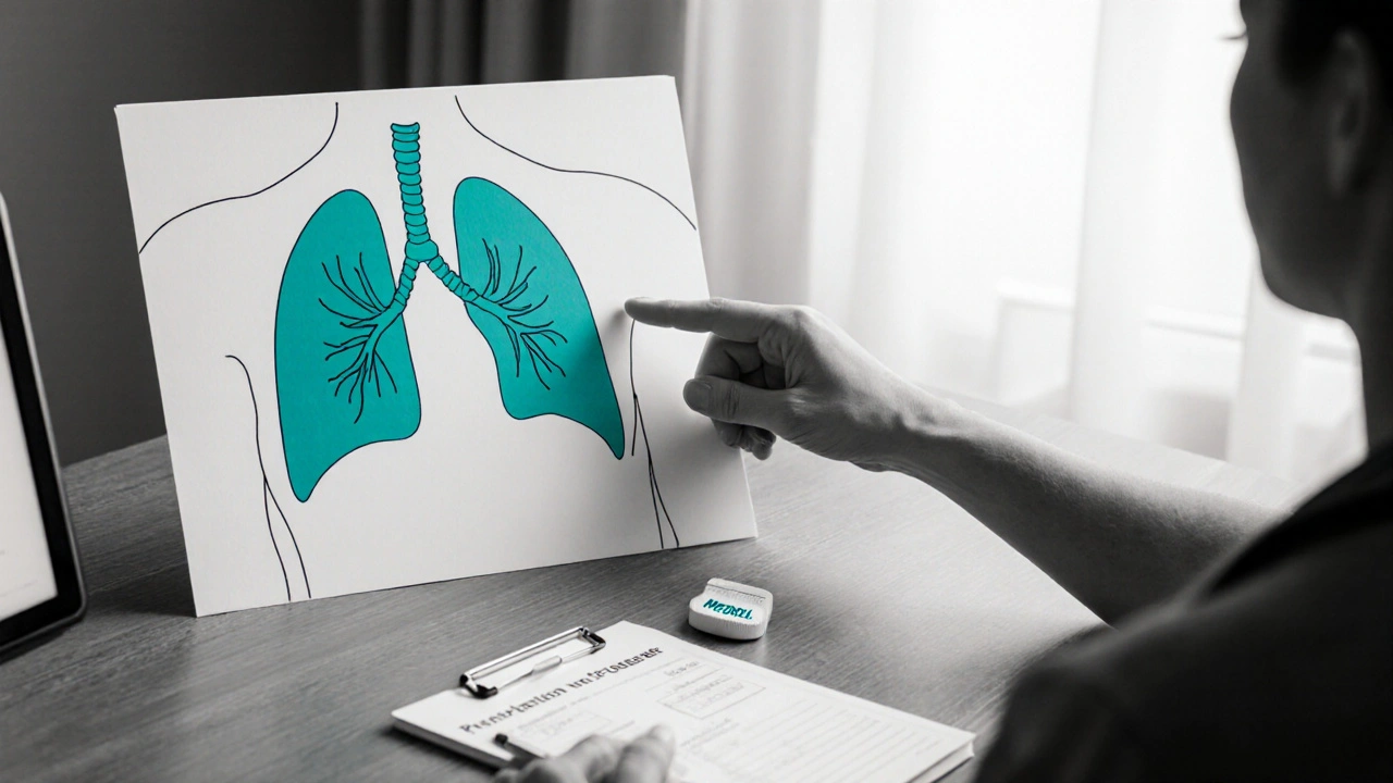 Doctor and patient discussing steroid options, teal‑lit body areas indicating treatment targets.