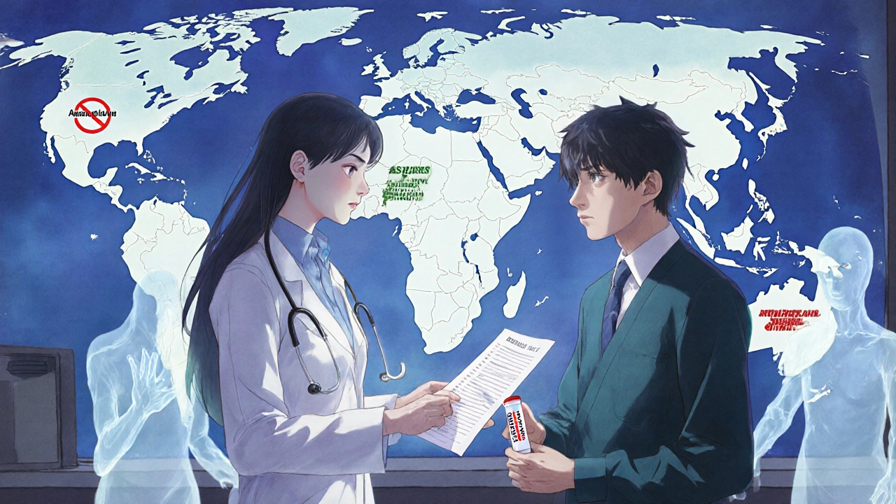 Doctor gives drug list to patient as ghostly banned substances reach out, blood test visible in hand.