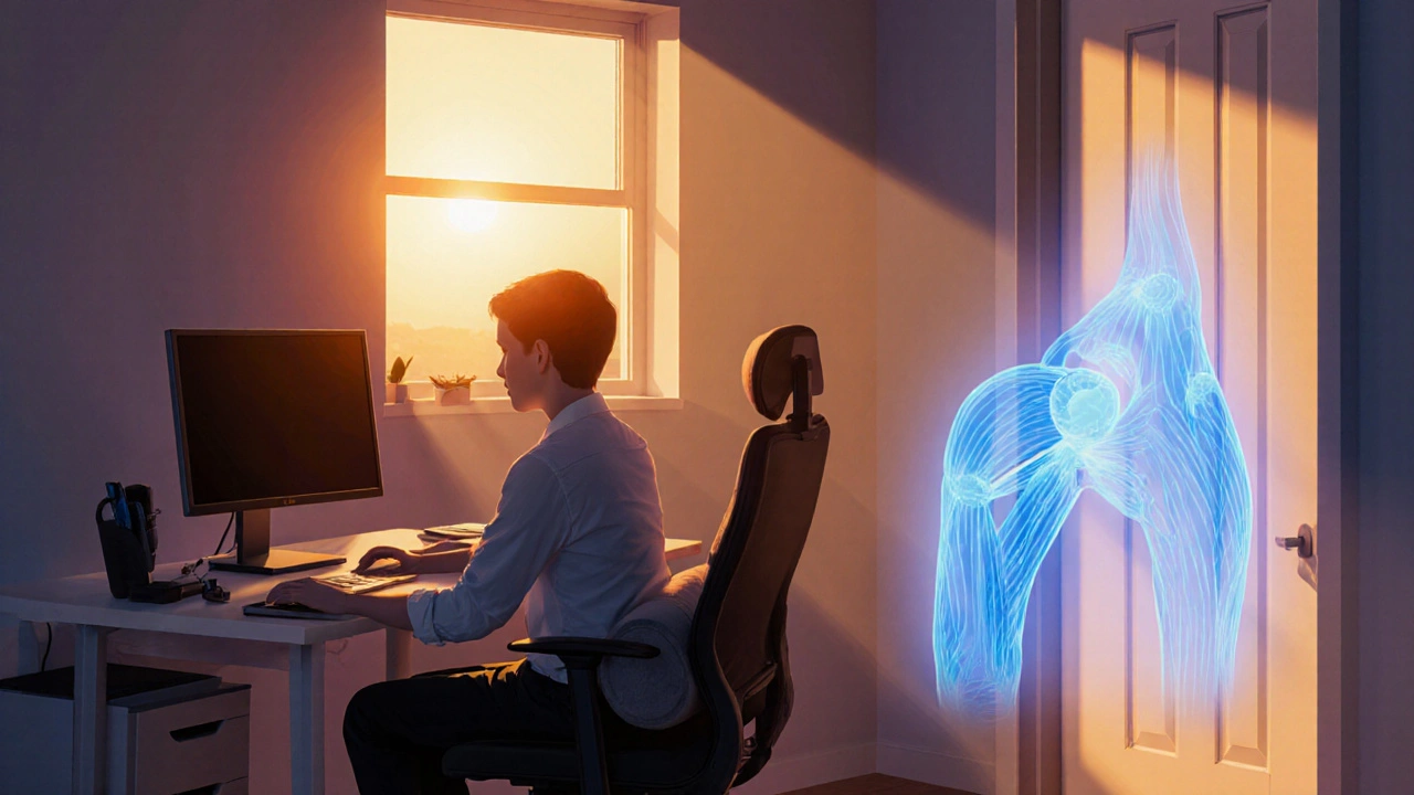 Ergonomic home office setup with person stretching, bathed in sunrise light.