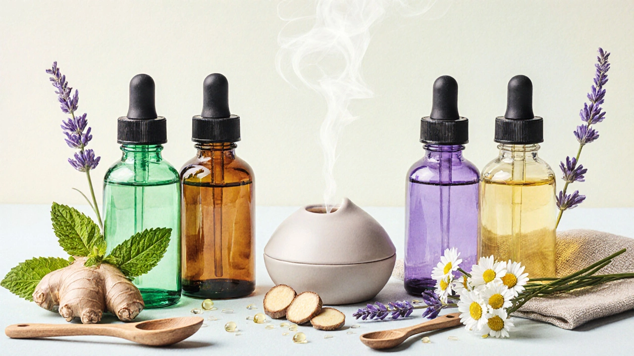 Flat‑lay of four colored essential‑oil bottles with mint leaves, ginger root, lavender spikes, and chamomile flowers.
