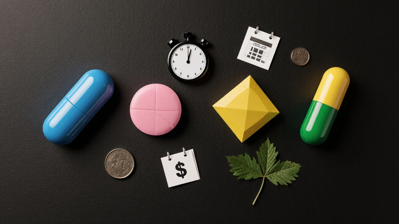 Flat‑lay of four different pills with icons for speed, duration, cost, and natural option.