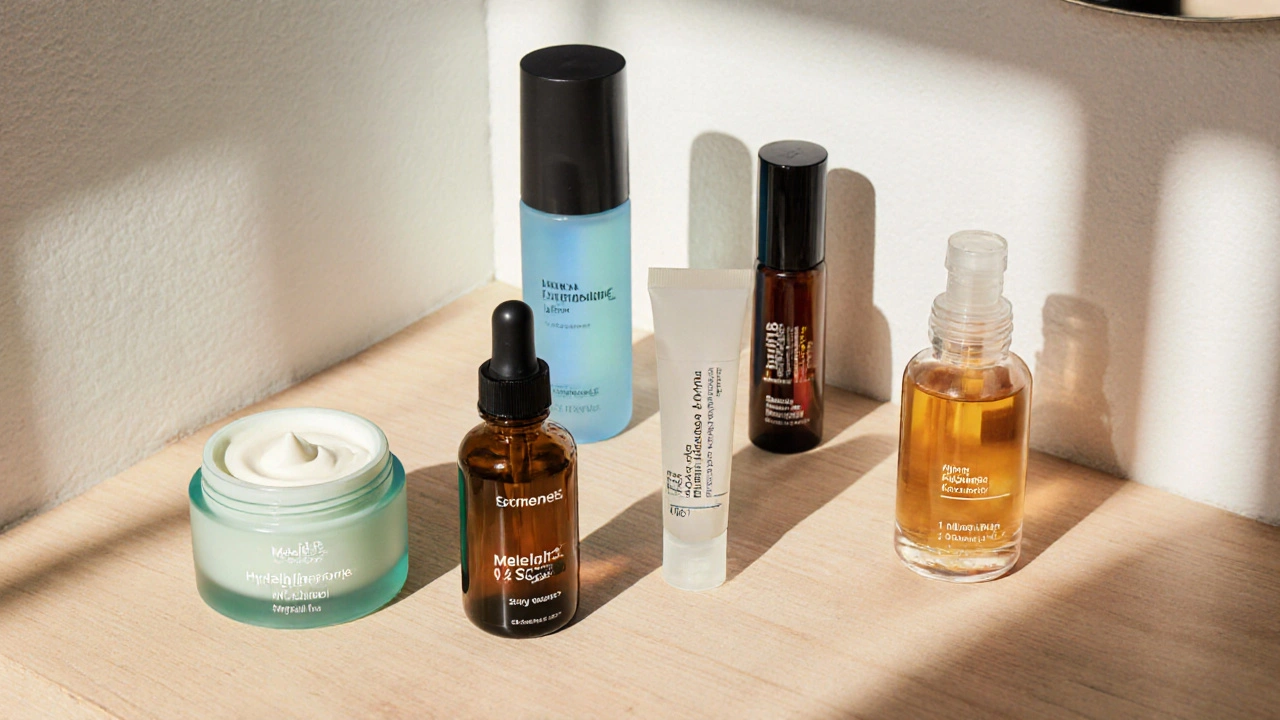 Flat‑lay of various skincare bottles representing hydroquinone and alternatives.