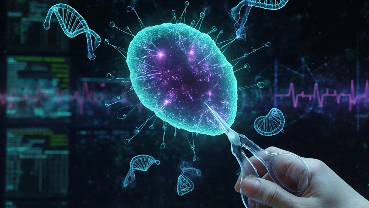 Futuristic lab depicts holographic CRISPR editing of a heart cell for arrhythmia therapy.