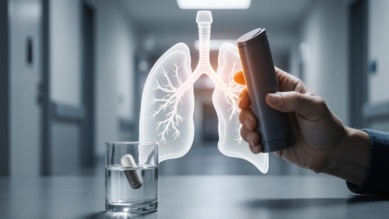 Hand holding budesonide inhaler with lung silhouette and Medrol tablet in water, amber accents.