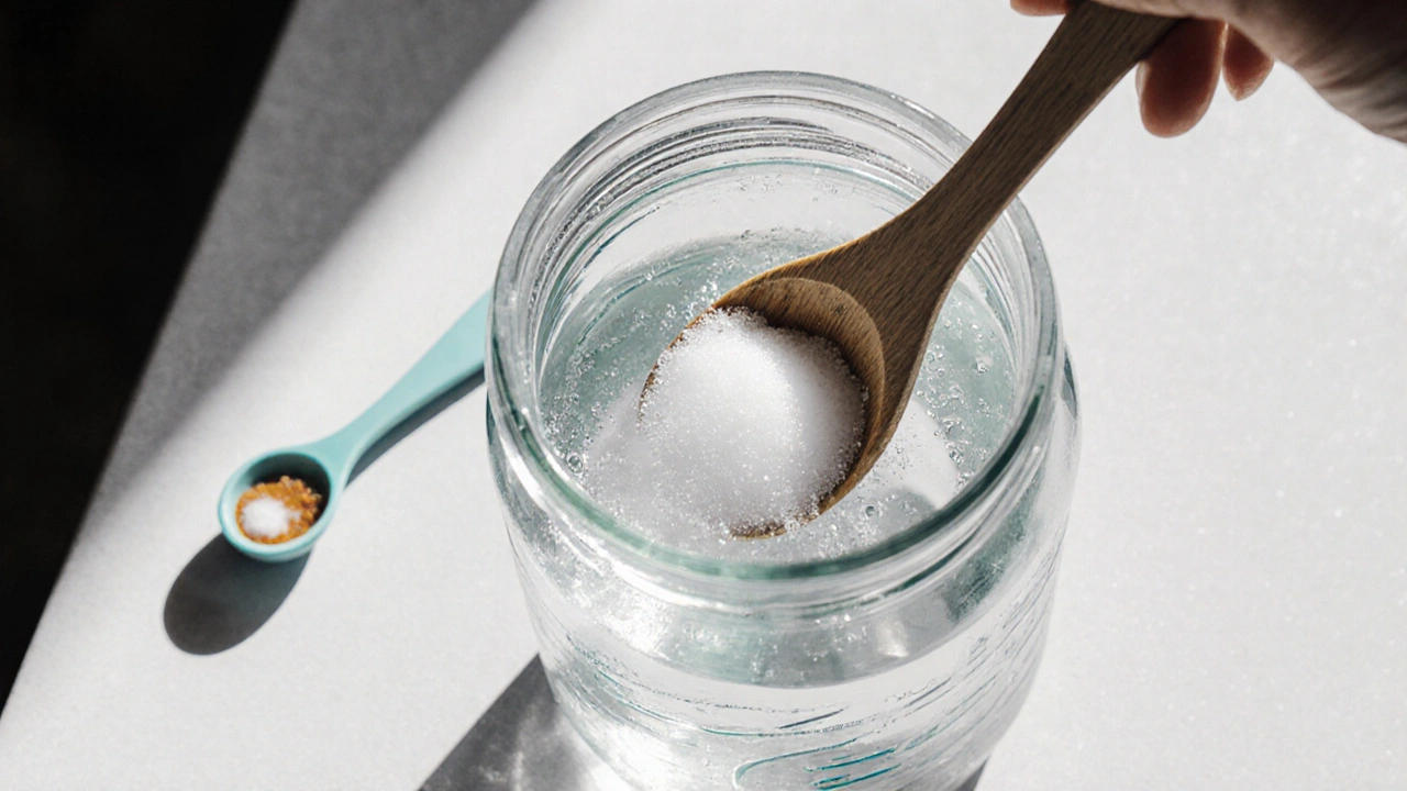 Hands mixing water, sugar, and salt for oral rehydration solution.
