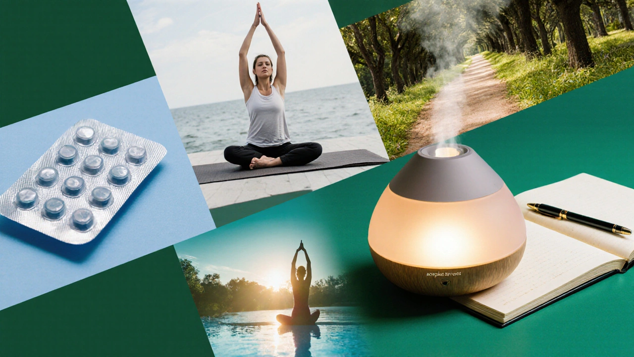 Illustrated scene of pills, yoga pose, diffuser, journal and walking path representing a holistic Crohn’s care plan.