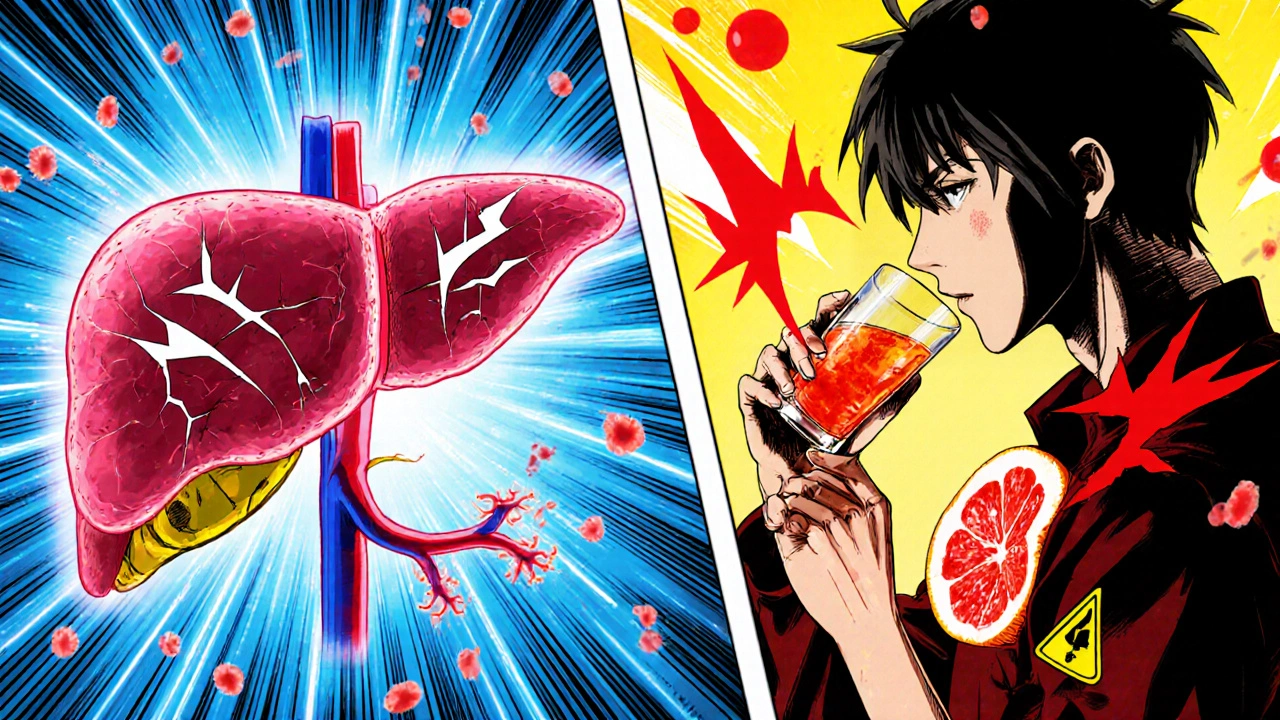 Liver processing primaquine into toxic shards while grapefruit juice and alcohol amplify the danger.