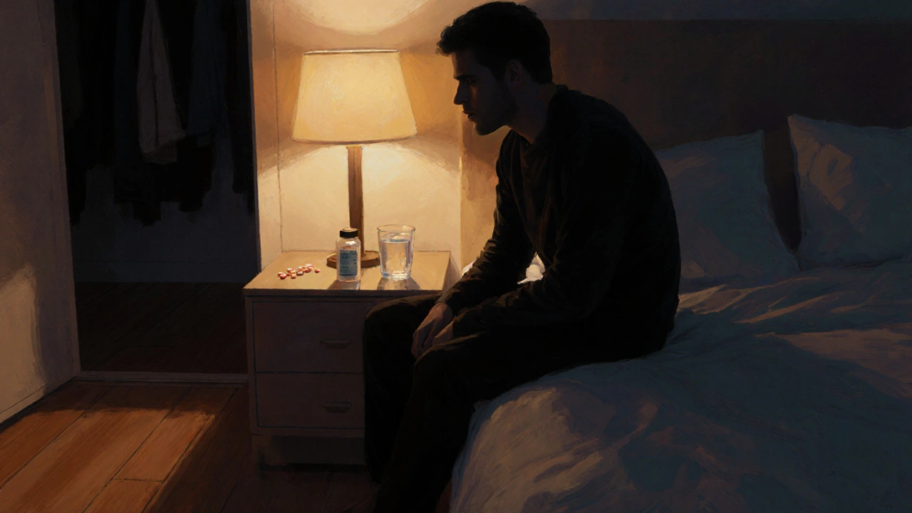 Man sitting on a bed at night, lamp light illuminating bottle of pills on nightstand.