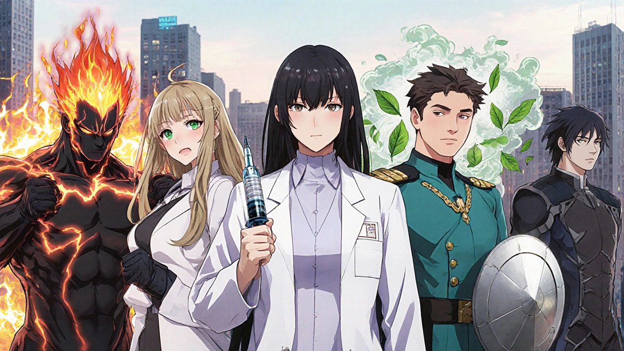 Manga characters personify various weight‑loss drugs in a lineup.