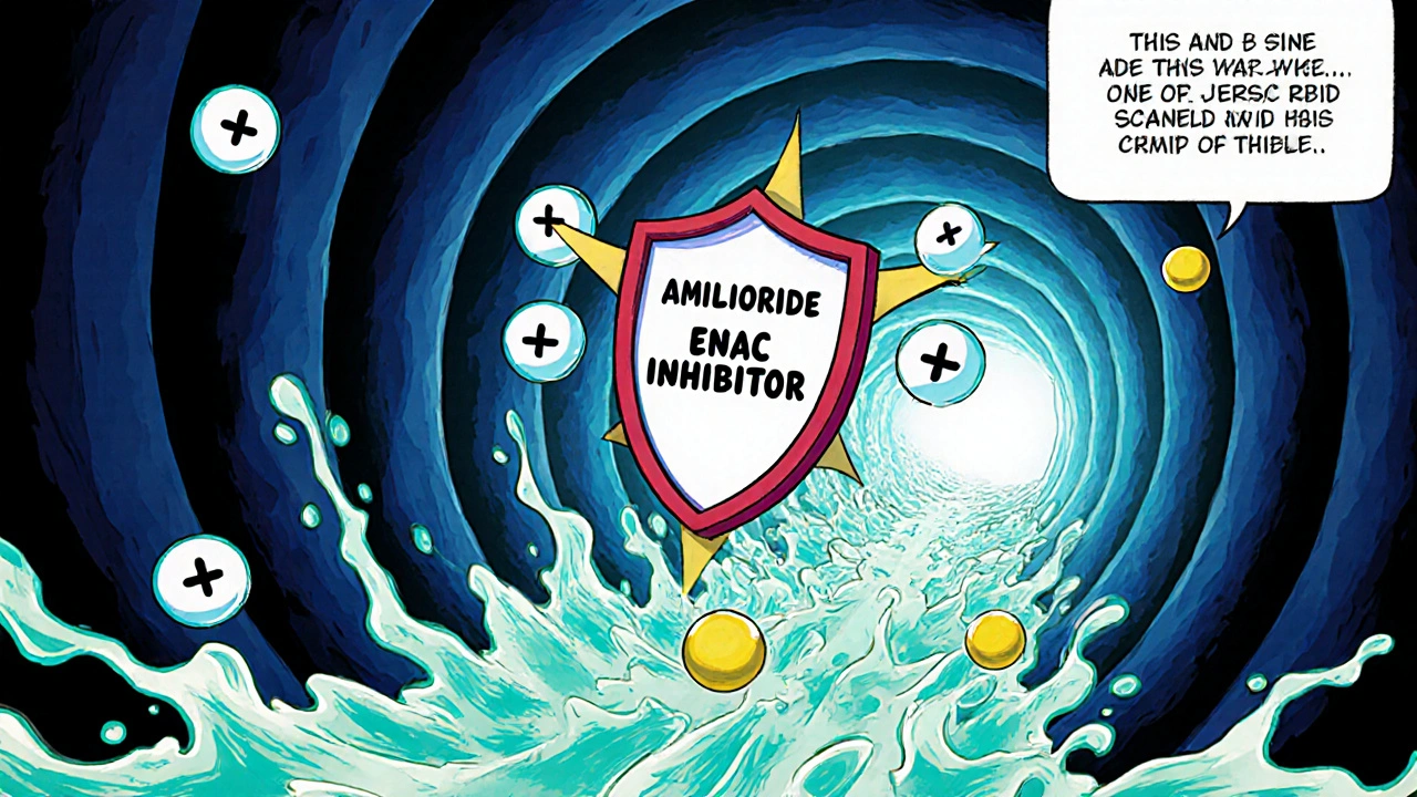 Manga panel showing kidney tubule where amiloride blocks sodium, allowing potassium flow.