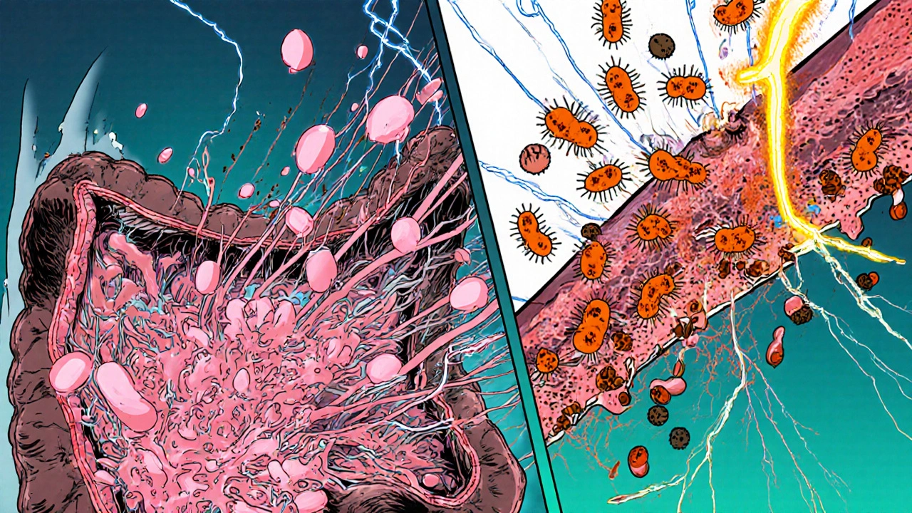 Manga split panel of histamine, eosinophils, nerves, and microbes in gut.