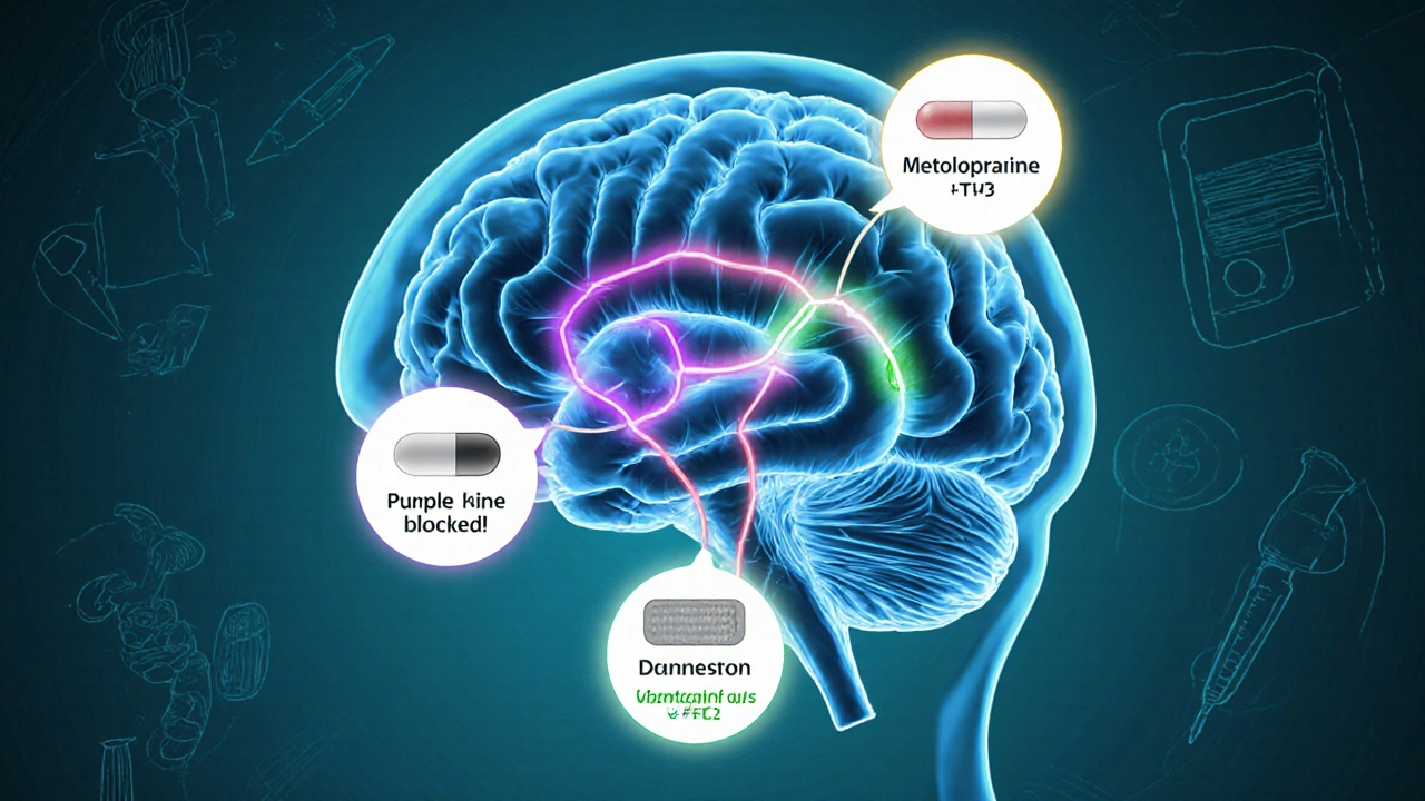 Medical illustration of brain CTZ showing dopamine and serotonin blockage by antiemetics.