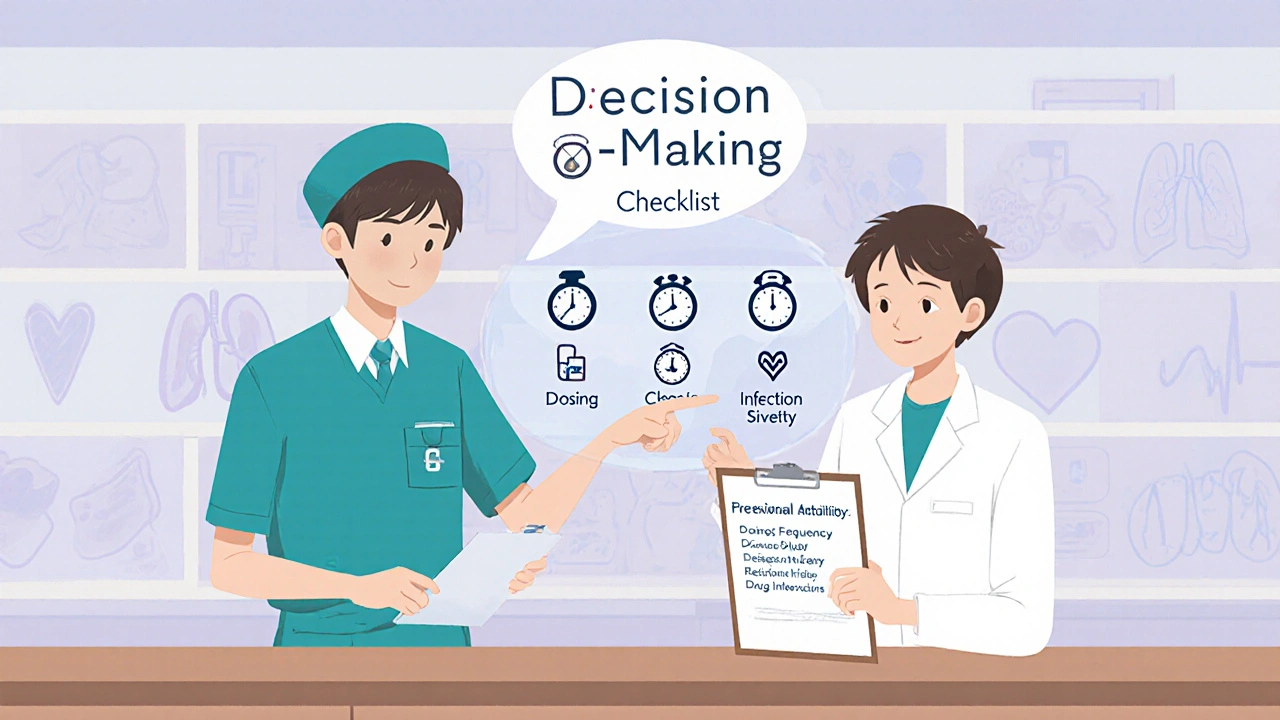 Patient reviews a checklist with a pharmacist, surrounded by icons of various antibiotics.