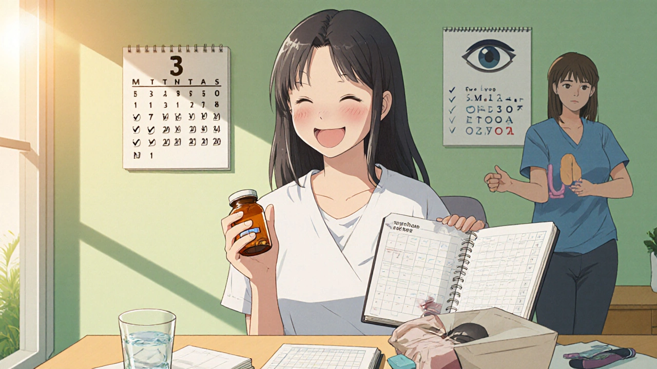 Patient smiling with medication bottle, calendar, and eye exam poster, depicting daily management of bladder pain.