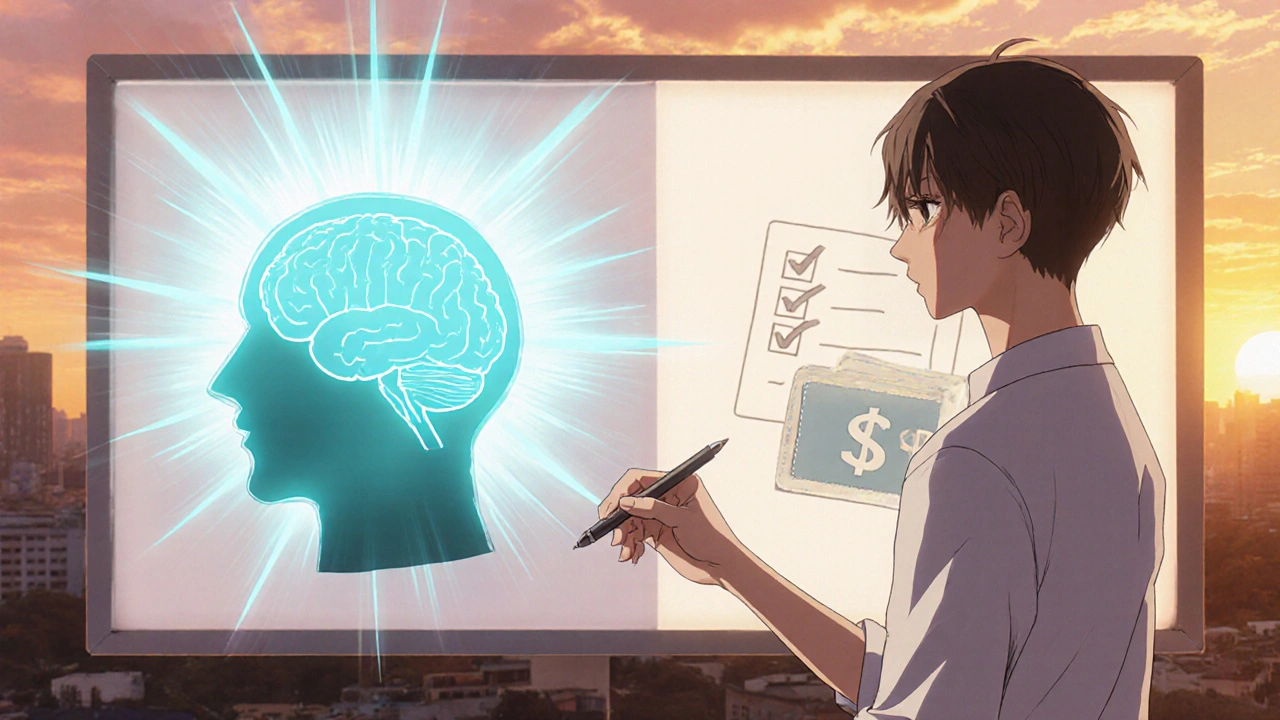 Person contemplating supplement choices, with a brain and wallet symbols in the background.