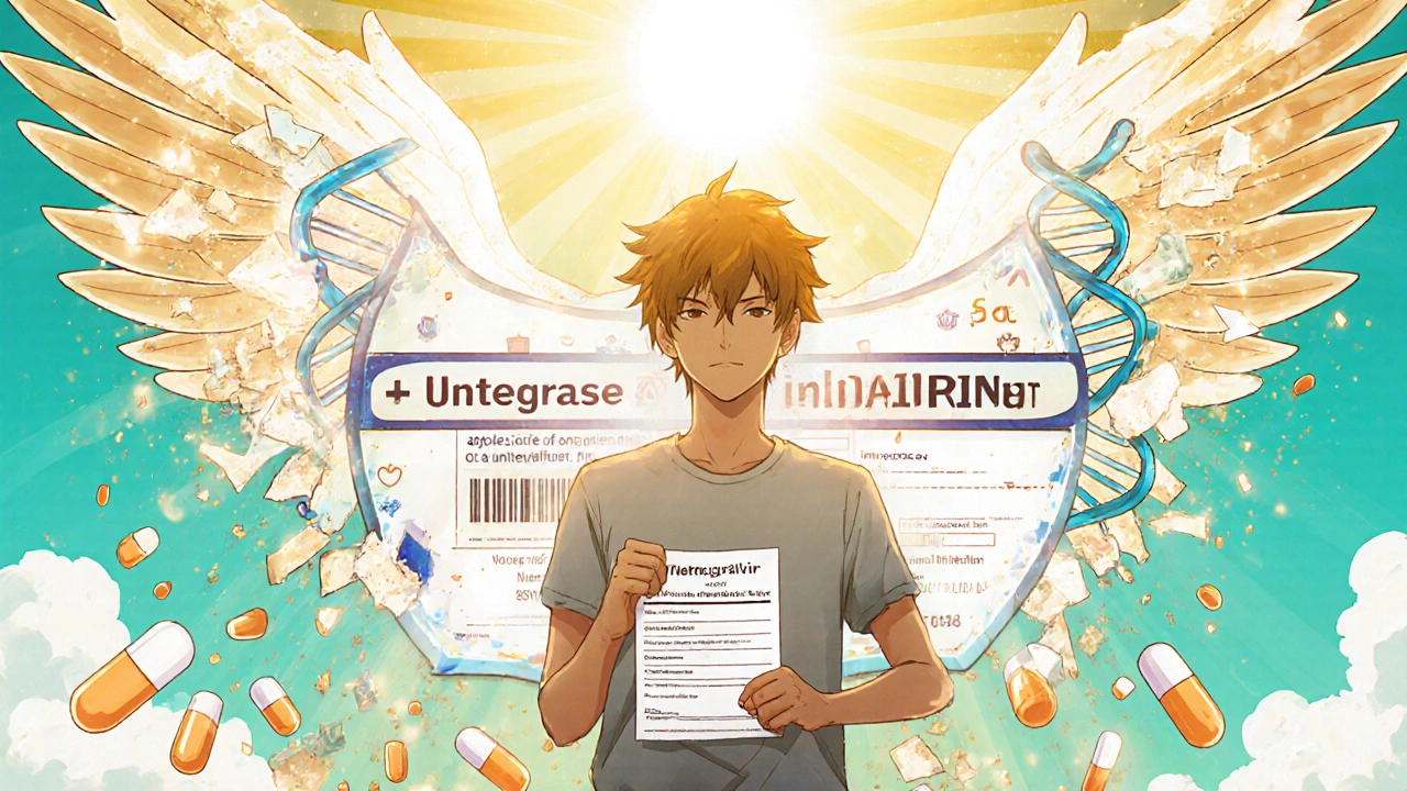 Person stands confidently with new HIV medication as old pills dissolve into light and protective DNA shield forms.