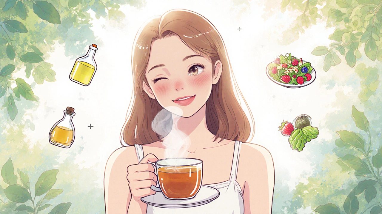 Person with clear, glowing skin smiling, holding tea, showing healthy post‑treatment.