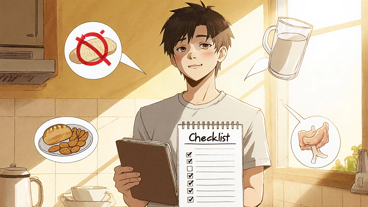 Person with food diary and diet icons for managing proctitis.