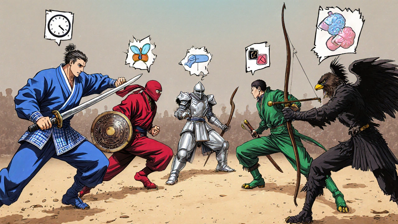 Personified antibiotic characters battle in a manga arena, each with unique visual traits.