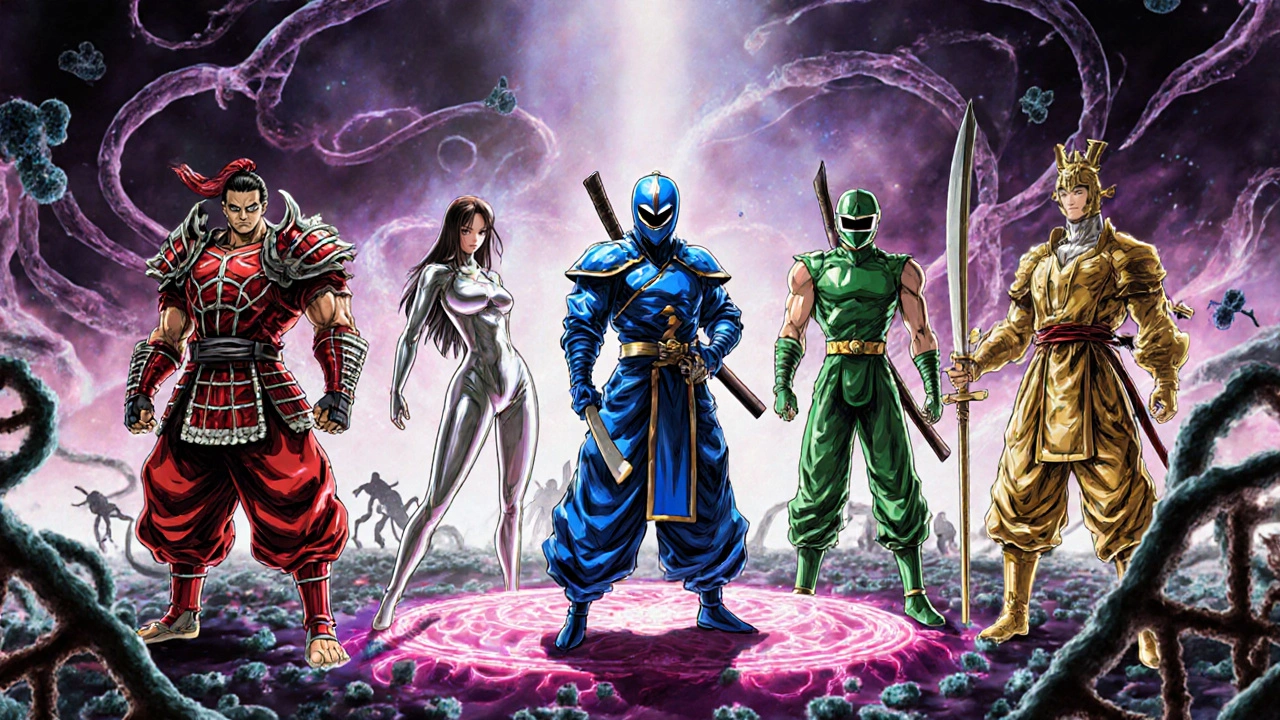 Personified drug characters representing five antibiotics standing over a bacterial cell.