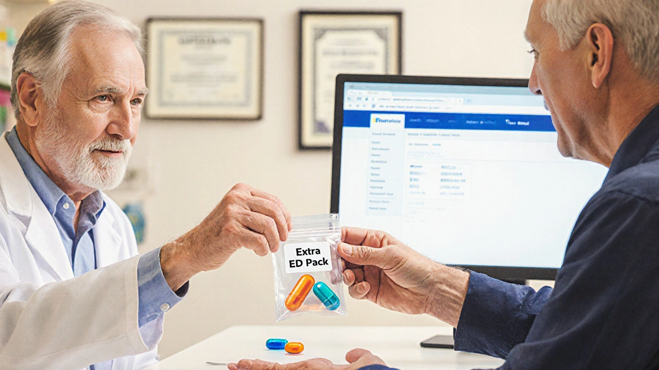Pharmacist giving a pouch with three colored pills to a customer at a counter.