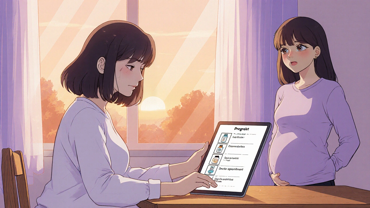 Pregnant woman reviewing a medication checklist at home with a supportive partner.
