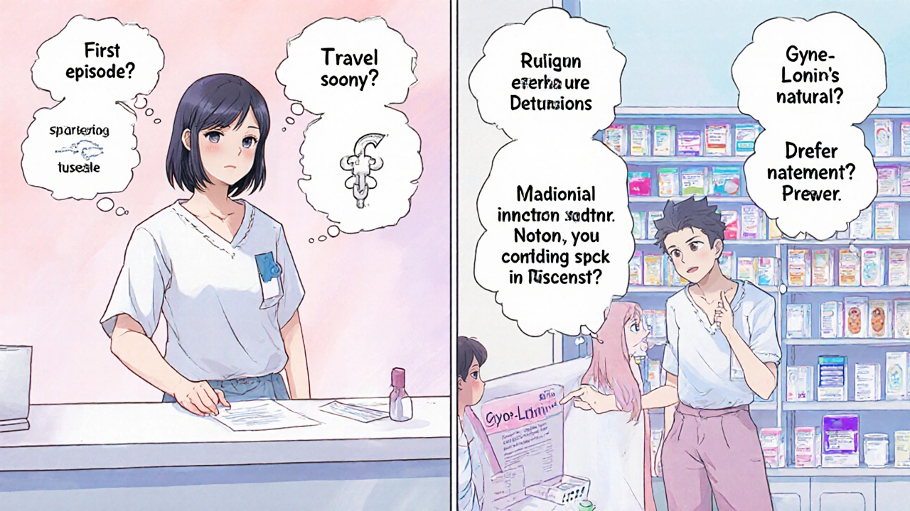 Protagonist consulting pharmacist with thought bubbles showing treatment choices.