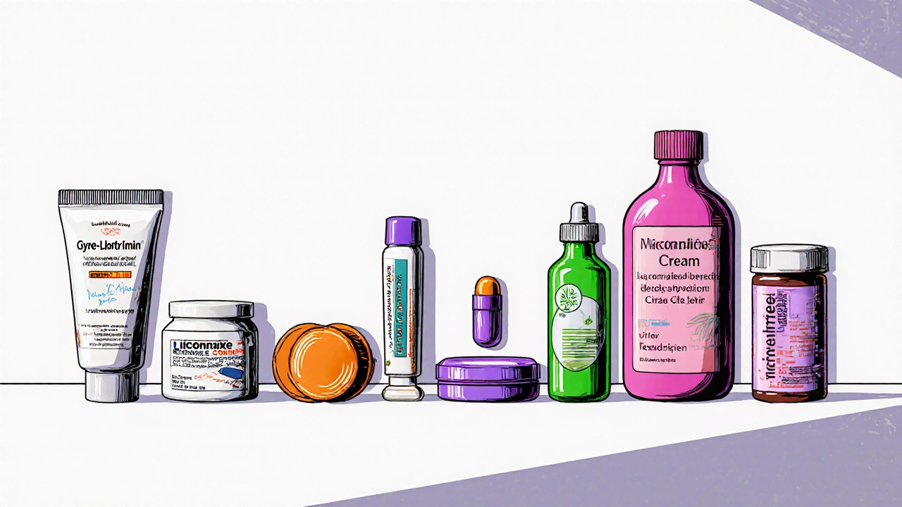 Row of various antifungal and natural treatments displayed as manga‑style items.