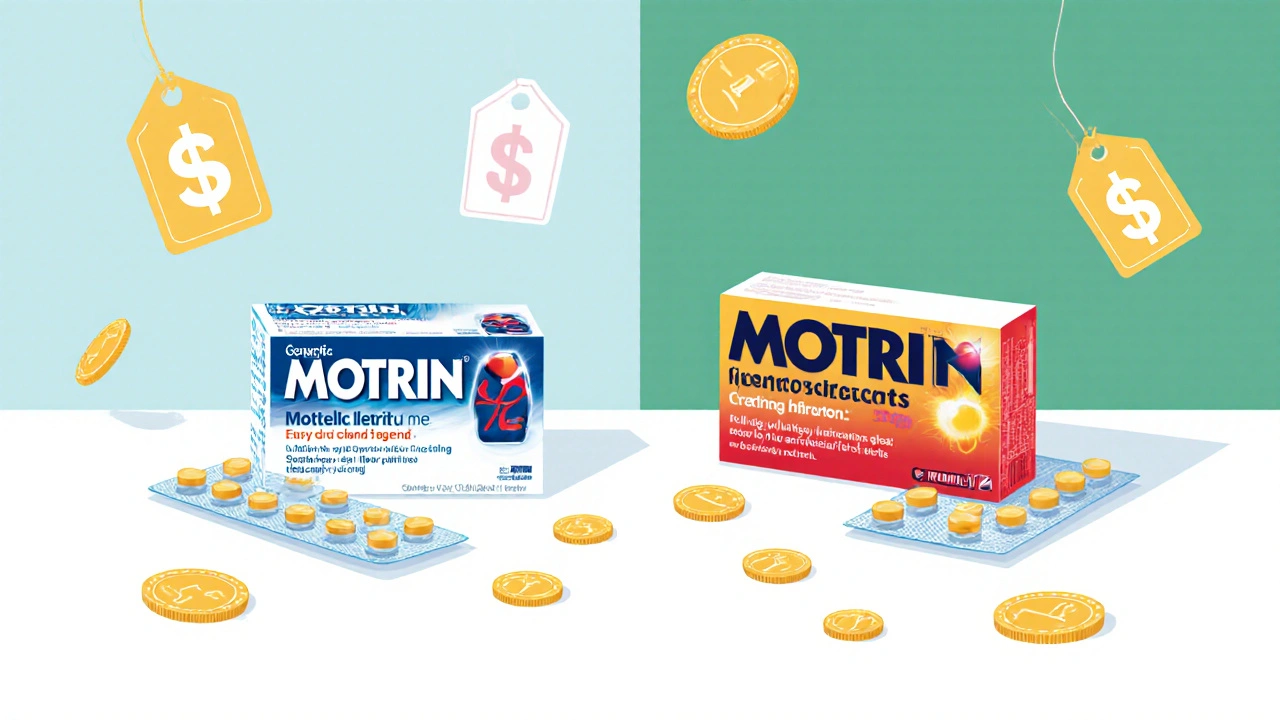 Side‑by‑side generic and brand Motrin blister packs showing price difference with coins.