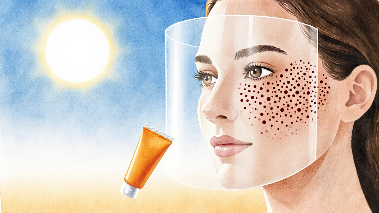 Split‑face watercolor showing bright skin with sunscreen protection versus fading dark spots.