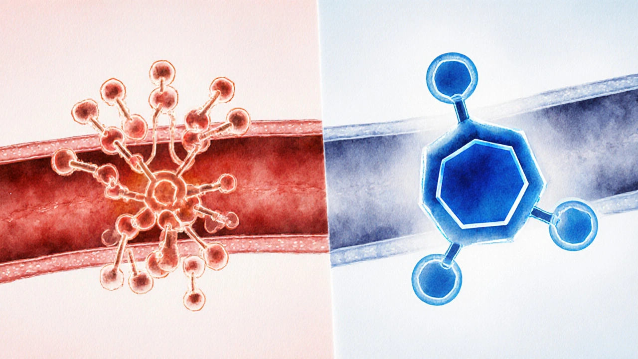 Split illustration of a narrowed artery versus a relaxed artery blocked by a losartan molecule.