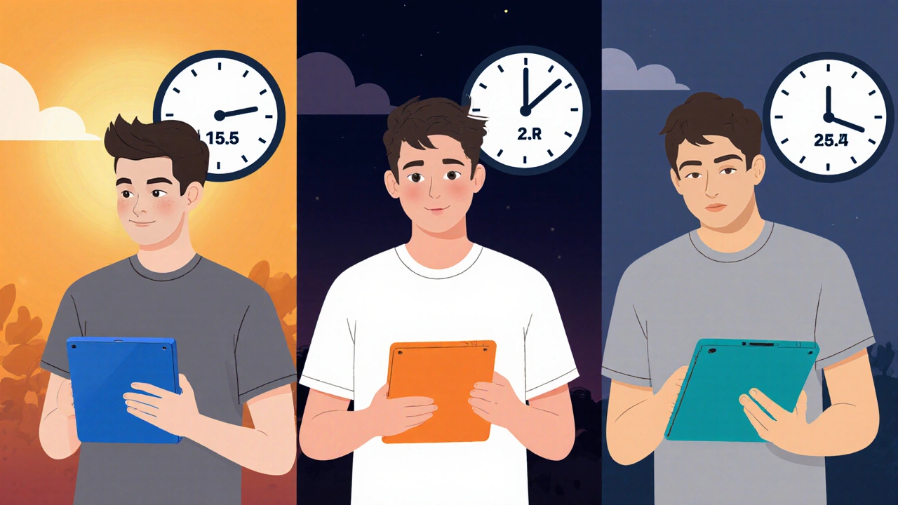 Three men each holding a different colored pill next to clocks showing various onset times.