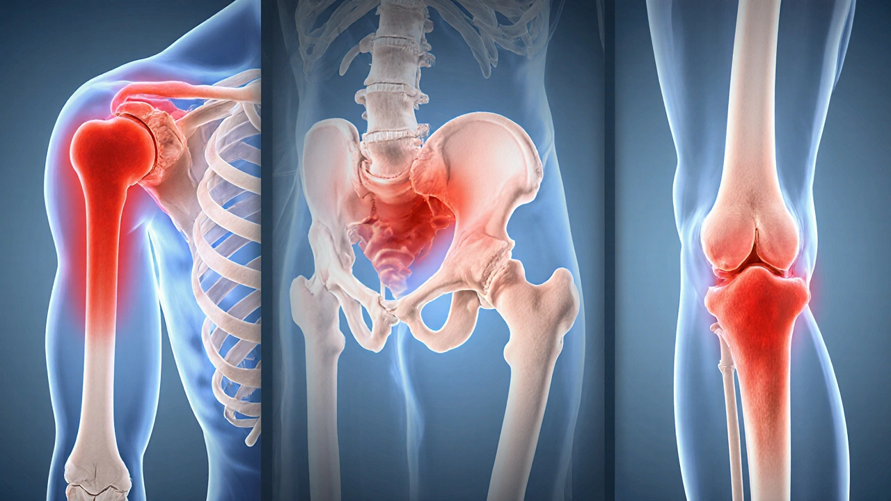 Three-panel medical illustration of shoulder, hip, and knee bursitis with posture changes.