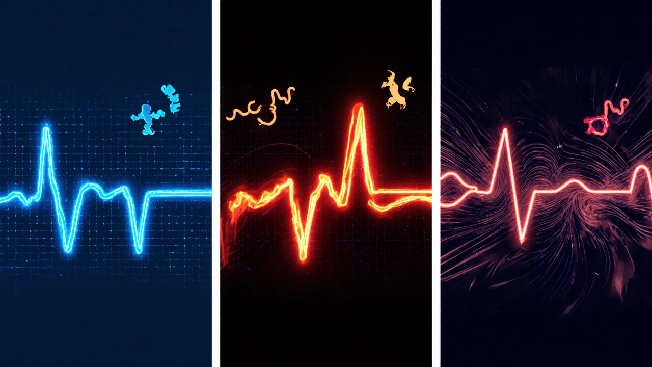 Three stylized scenes show Long QT, Brugada, and CPVT with distinct ECG patterns.