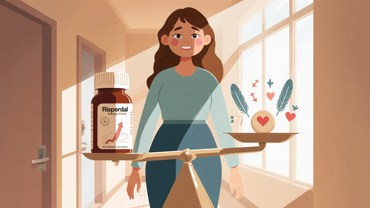 Woman on a balance scale comparing Risperdal side effects with Aripiprazole benefits.