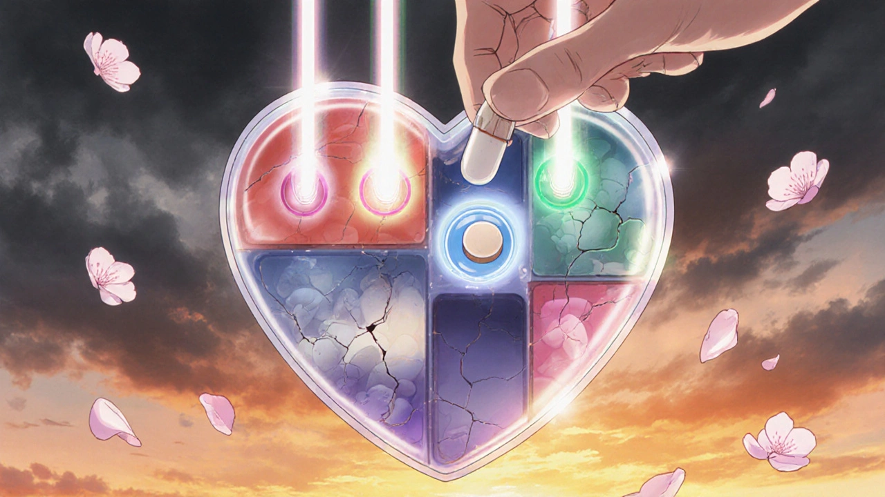 A glowing pill organizer with one dark slot being repaired by light streams symbolizing support systems.