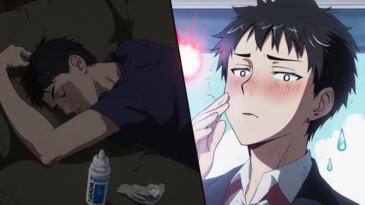 A person revives after naloxone is administered, with color returning to their face while a used spray lies nearby.