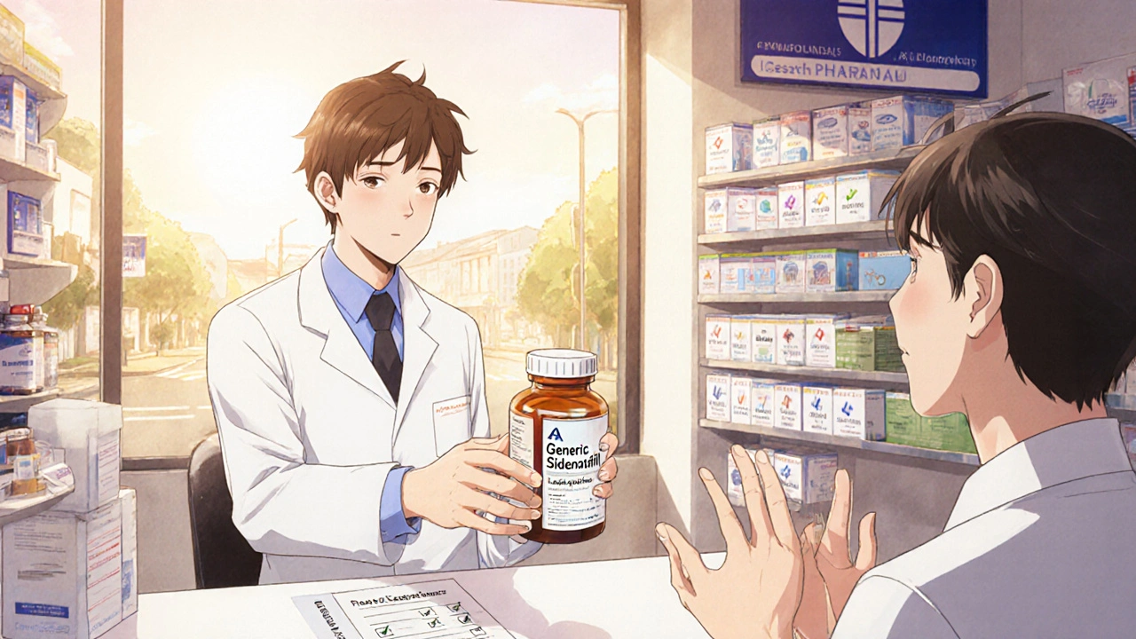 A pharmacist hands a prescription bottle of generic sildenafil in a clean, sunny Australian pharmacy.