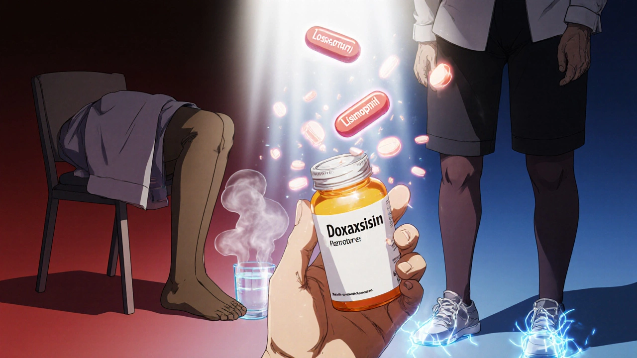 A shattered high-risk pill replaced by safer blood pressure medications, with symbols of balance like compression stockings and water nearby.