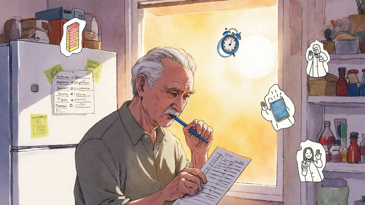 An elderly man taking pills after brushing his teeth, with helpful medical icons glowing softly around him.